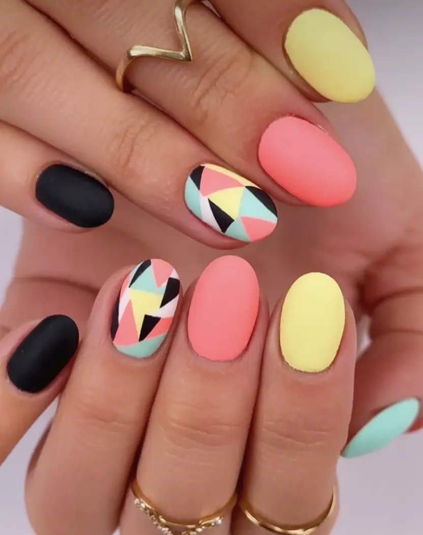 nail designs to try in august 2025 Geometric Pop Play