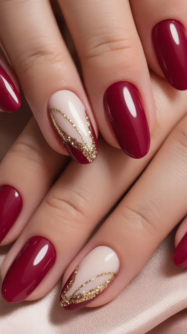 nail designs to try in august 2025 Merlot & Gold Waves