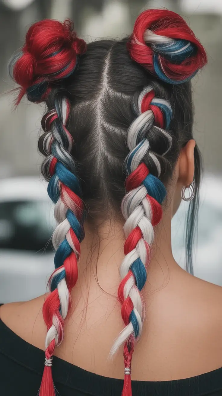 Patriotic Hair Looks for 4th of July 2025 Color-Packed Braids with Space Buns