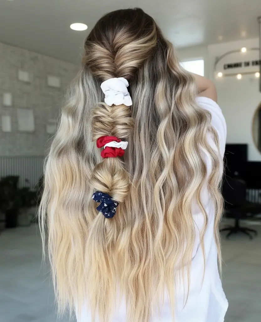 Patriotic Hair Looks for 4th of July 2025 Scrunchie Stack with Star-Spangled Charm