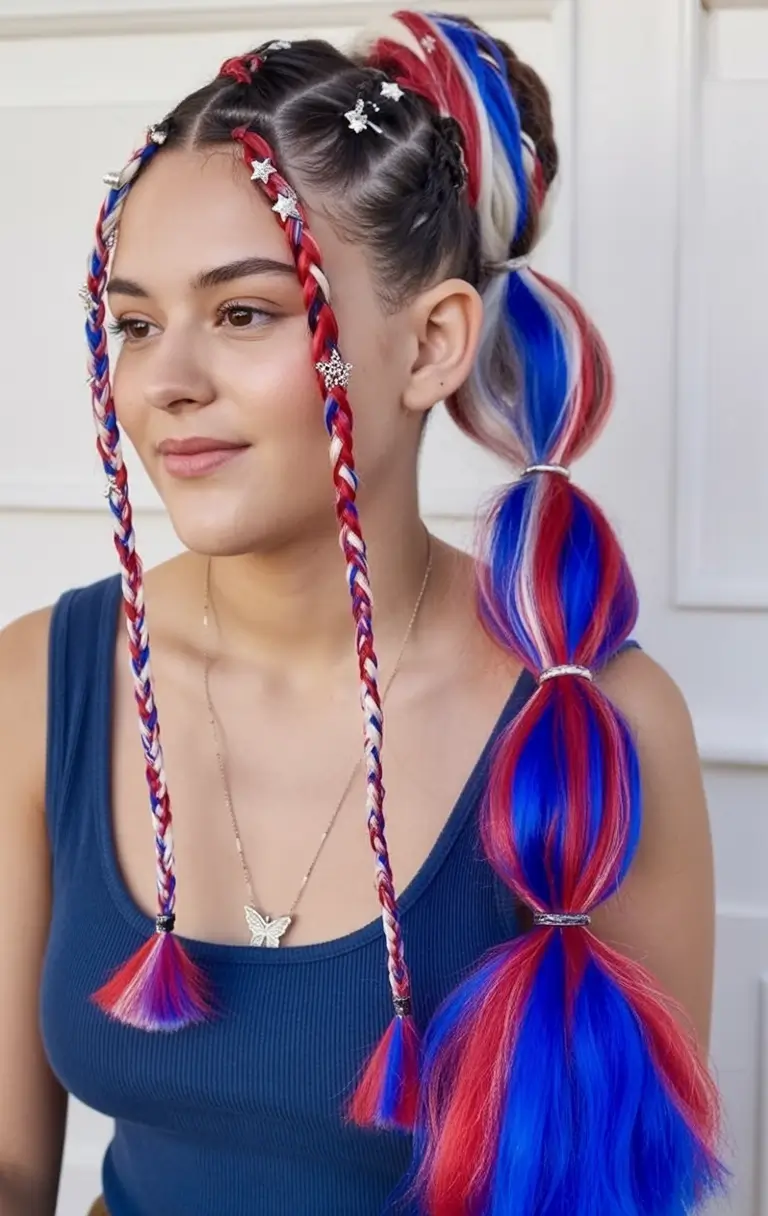 Patriotic Hair Looks for 4th of July 2025 Starlight Bubble Braids With Braided Fringe