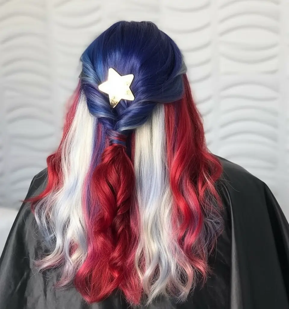 Patriotic Hair Looks for 4th of July 2025 Twisted Half-Up Waves in Red White Blue