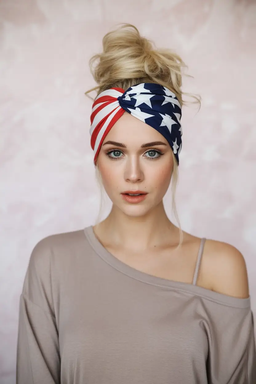Patriotic Hair Looks for 4th of July 2025 Messy Top Knot with Flag Headband