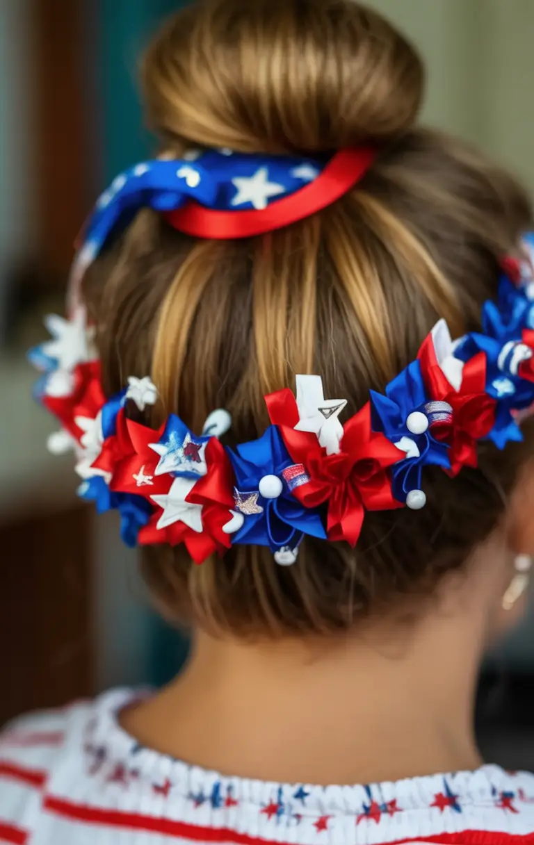 Patriotic Hair Looks for 4th of July 2025 Firework Floral Bun Crown