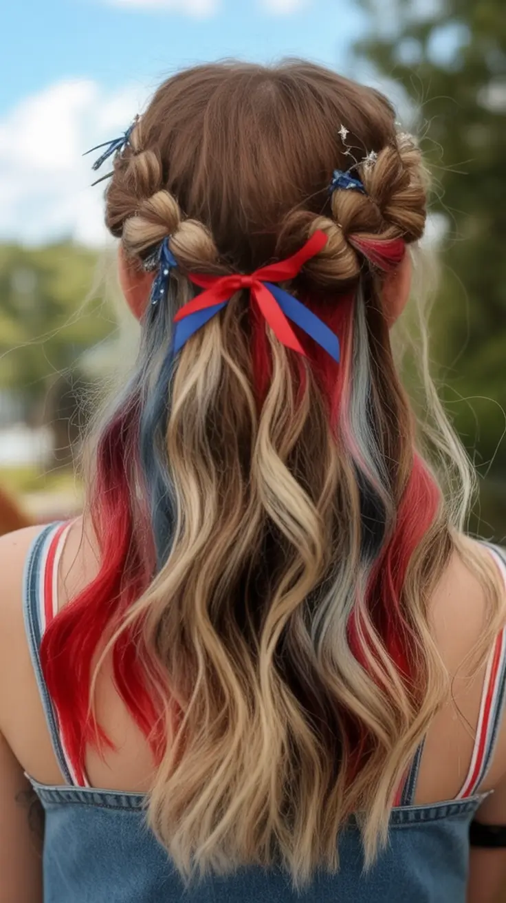 Patriotic Hair Looks for 4th of July 2025 Half-Up Twist with Patriotic Ribbon and Dye Accents