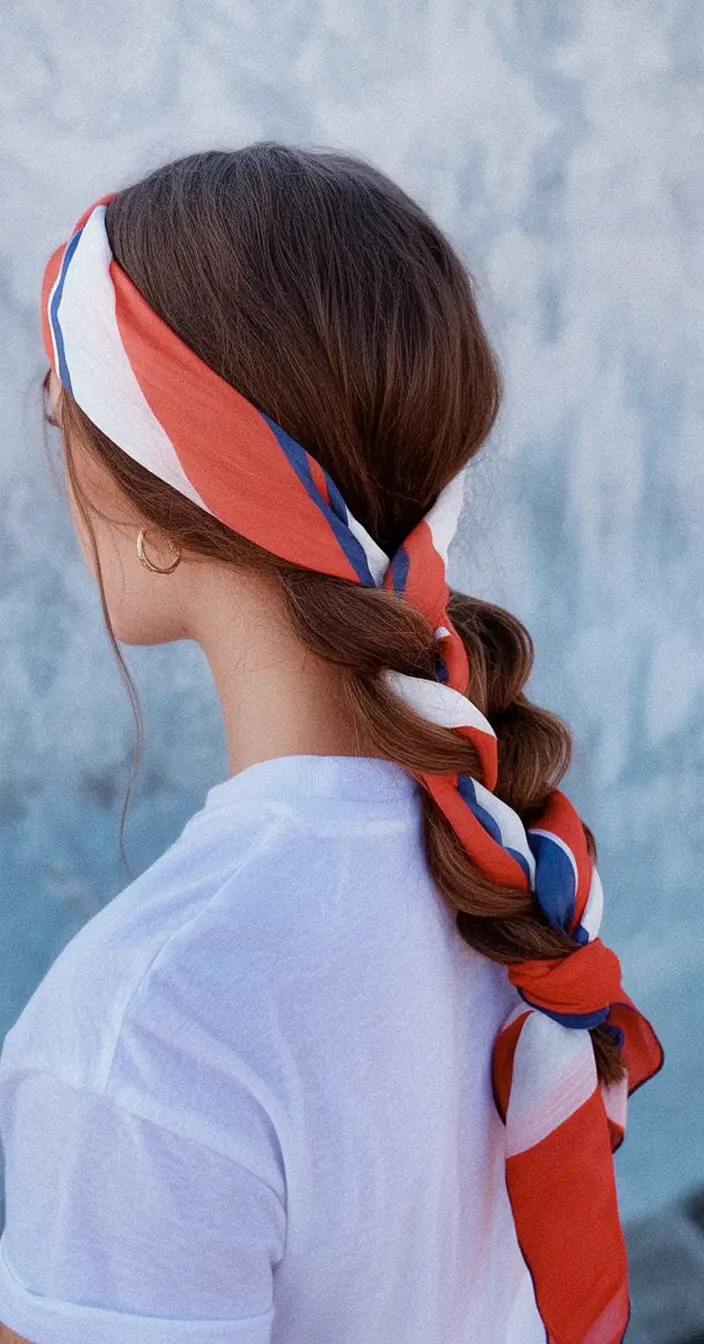 Patriotic Hair Looks for 4th of July 2025 Bubble Ponytail with Americana Wrap