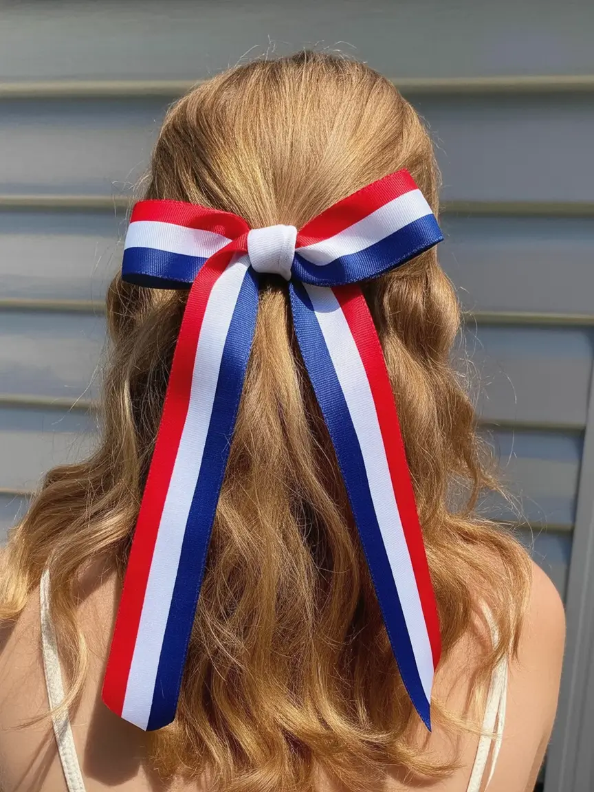 Patriotic Hair Looks for 4th of July 2025 Classic Half-Up with Oversized Patriotic Bow