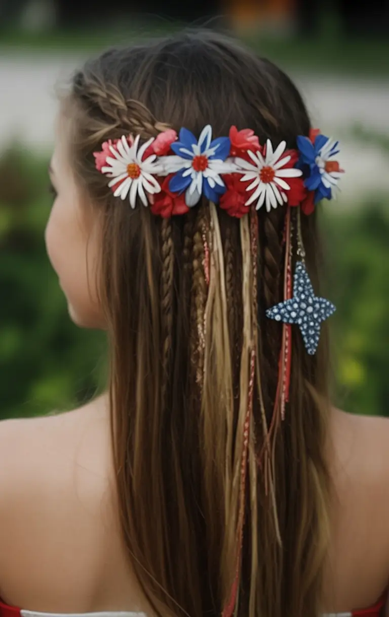 patriotic hair looks for 4th of july 2025 Braided Boho With Floral Accents