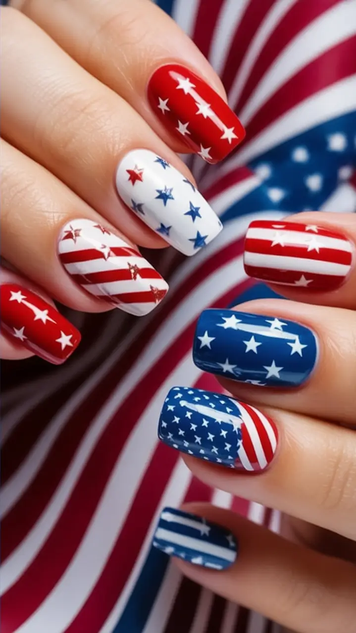 Patriotic Nail Inspo for 4th of July 2025 Classic Stars and Stripes with a Glossy Punch