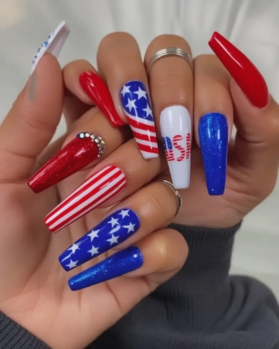 Patriotic Nail Inspo for 4th of July 2025 Long and Loud Firework Statement Nails
