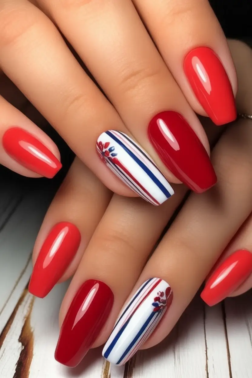 Patriotic Nail Inspo for 4th of July 2025 Floral Patriot Vibes on a Clean Red Canvas