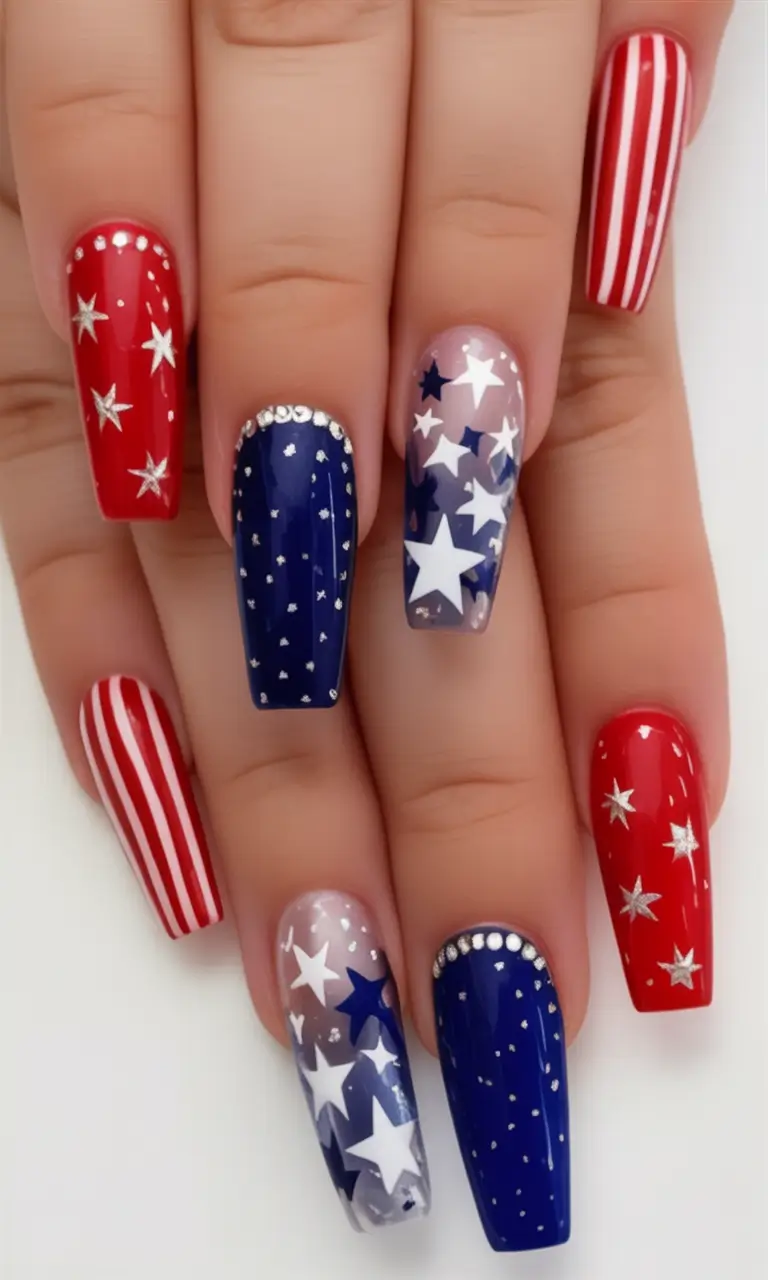 Patriotic Nail Inspo for 4th of July 2025 Striped Flags and Starbursts with Foil Accents