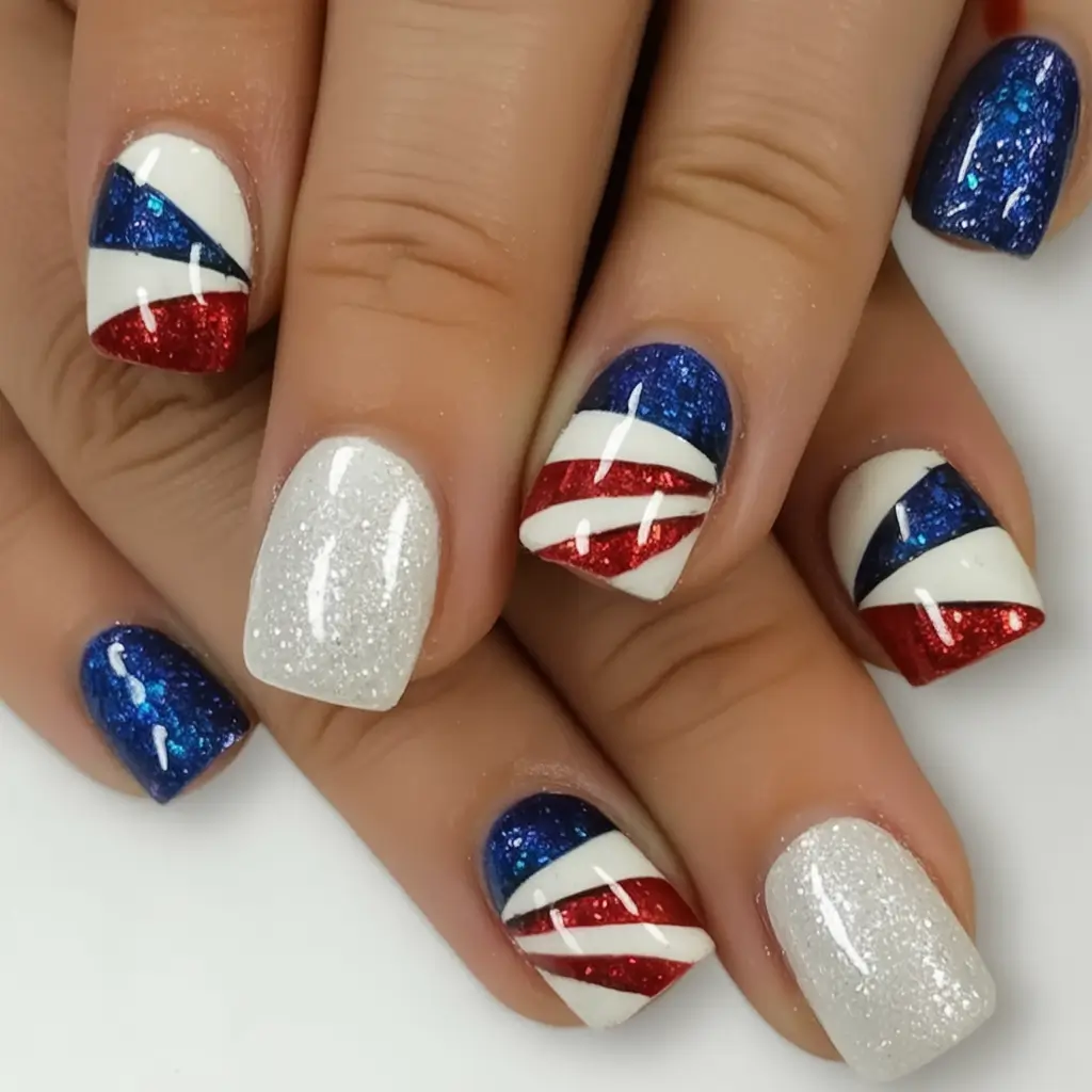 Patriotic Nail Inspo for 4th of July 2025 Diagonal Flag-Inspired Sparkle Stripes