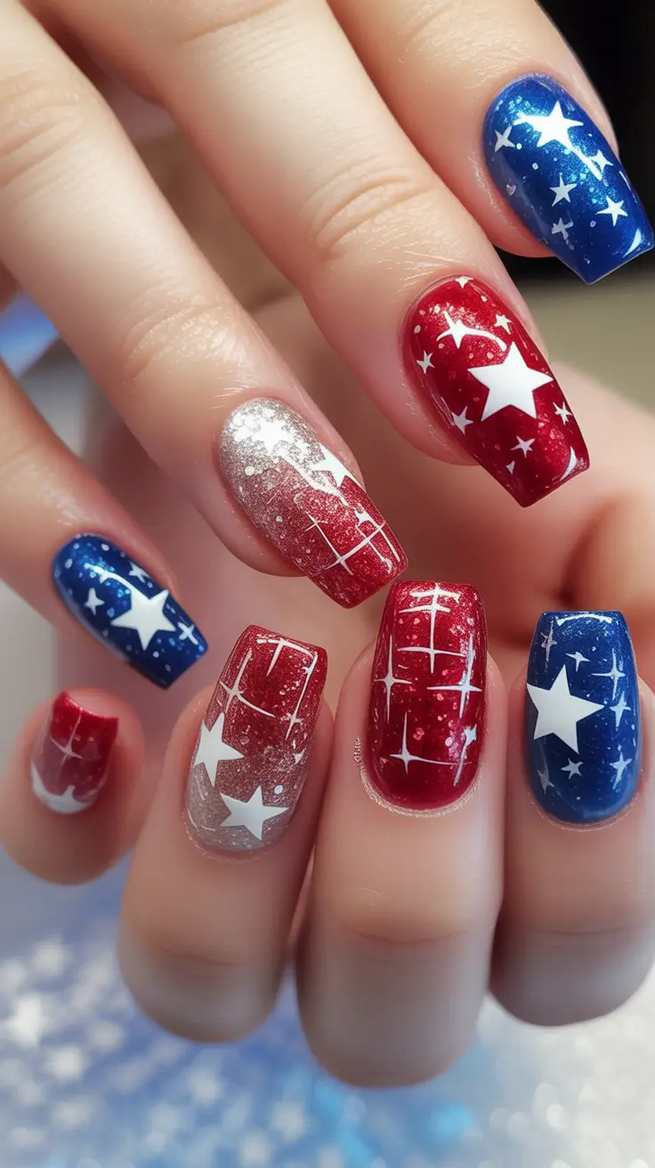 Patriotic Nail Inspo for 4th of July 2025 Shooting Star Glitter Glam