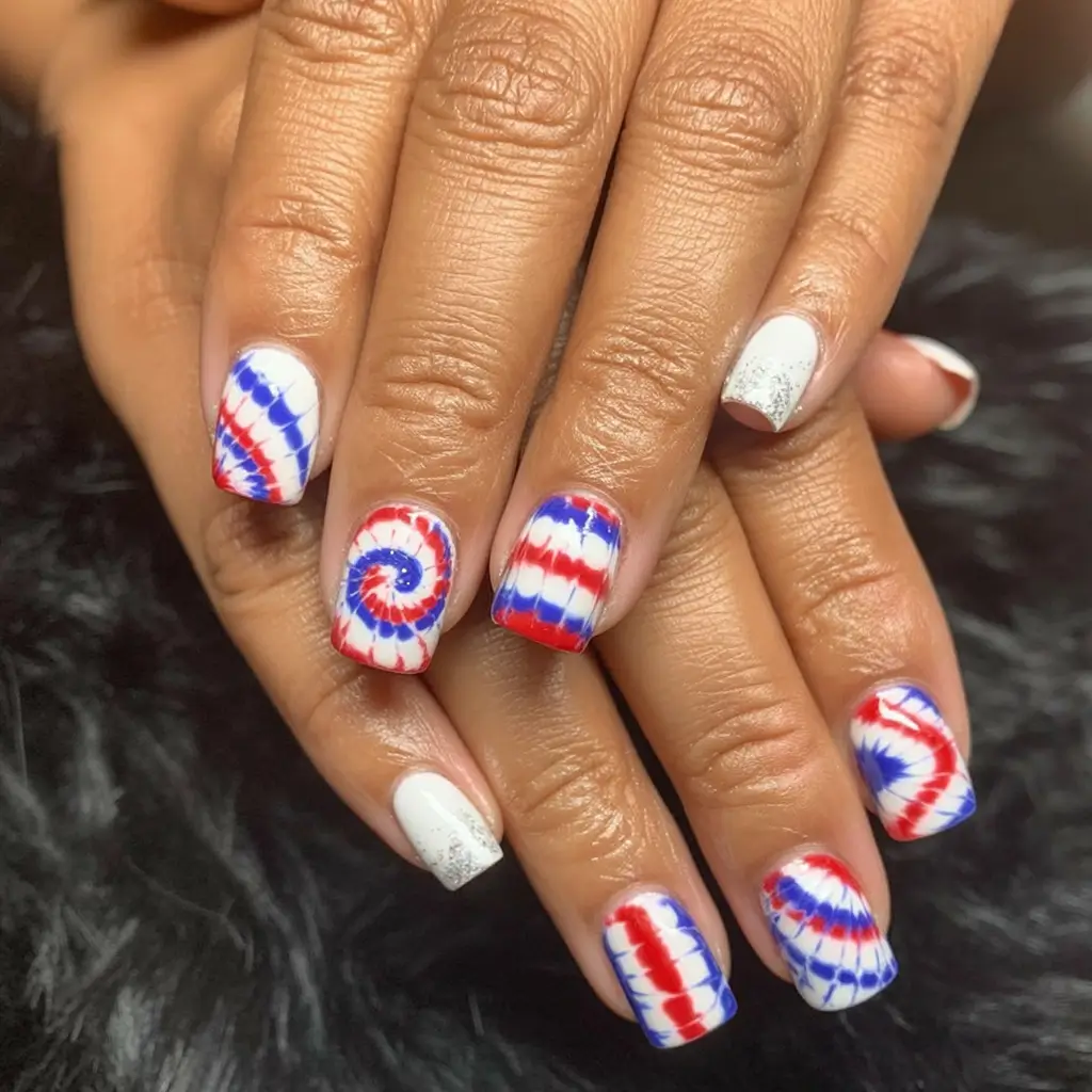 Patriotic Nail Inspo for 4th of July 2025 Classic Tie-Dye Spin on Stars and Stripes