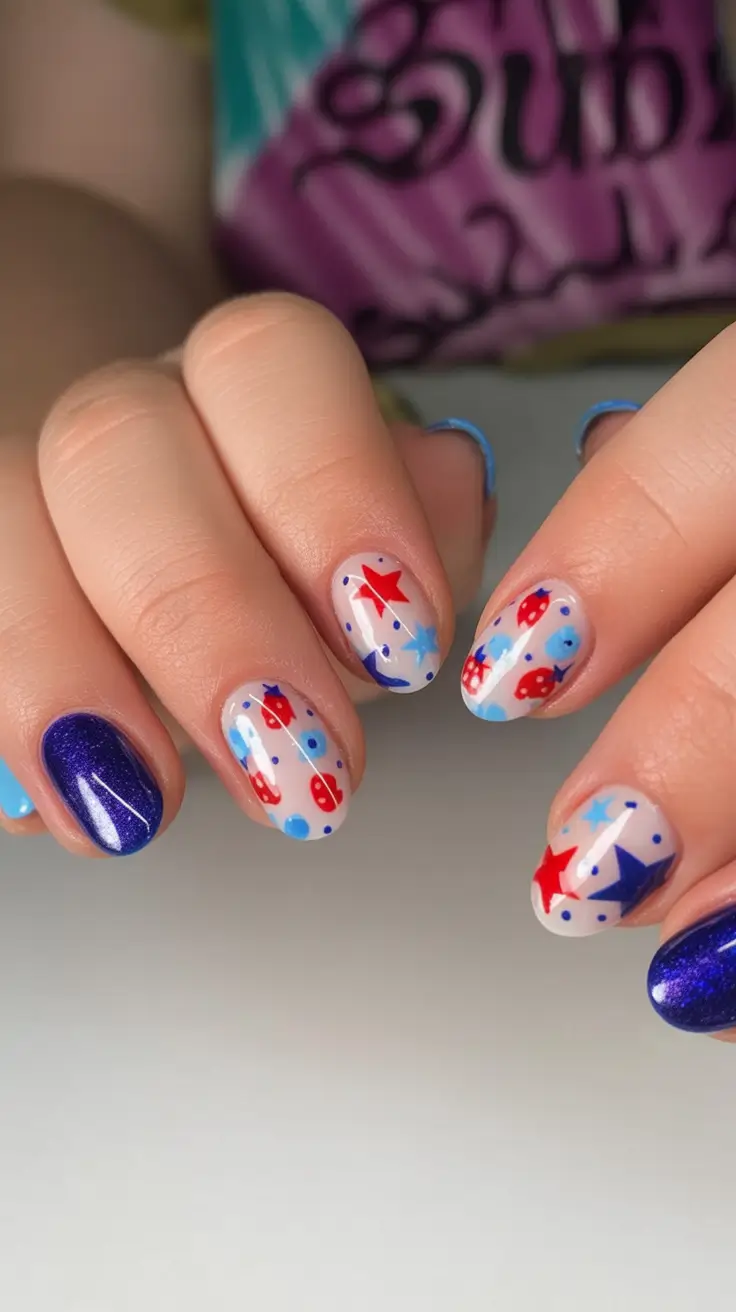 Patriotic Nail Inspo for 4th of July 2025 Playful Confetti Starburst on Nude Base