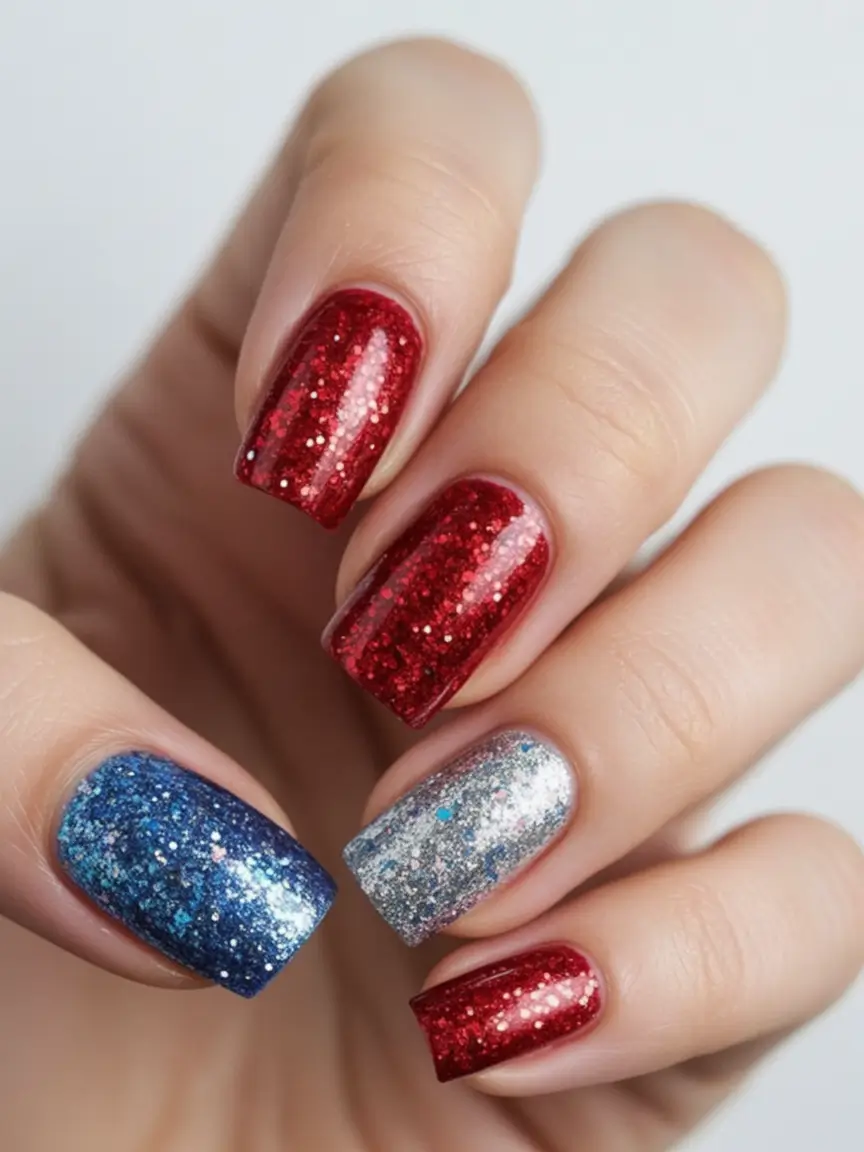 Patriotic Nail Inspo for 4th of July 2025 Red Blue and Silver Glitter Bomb