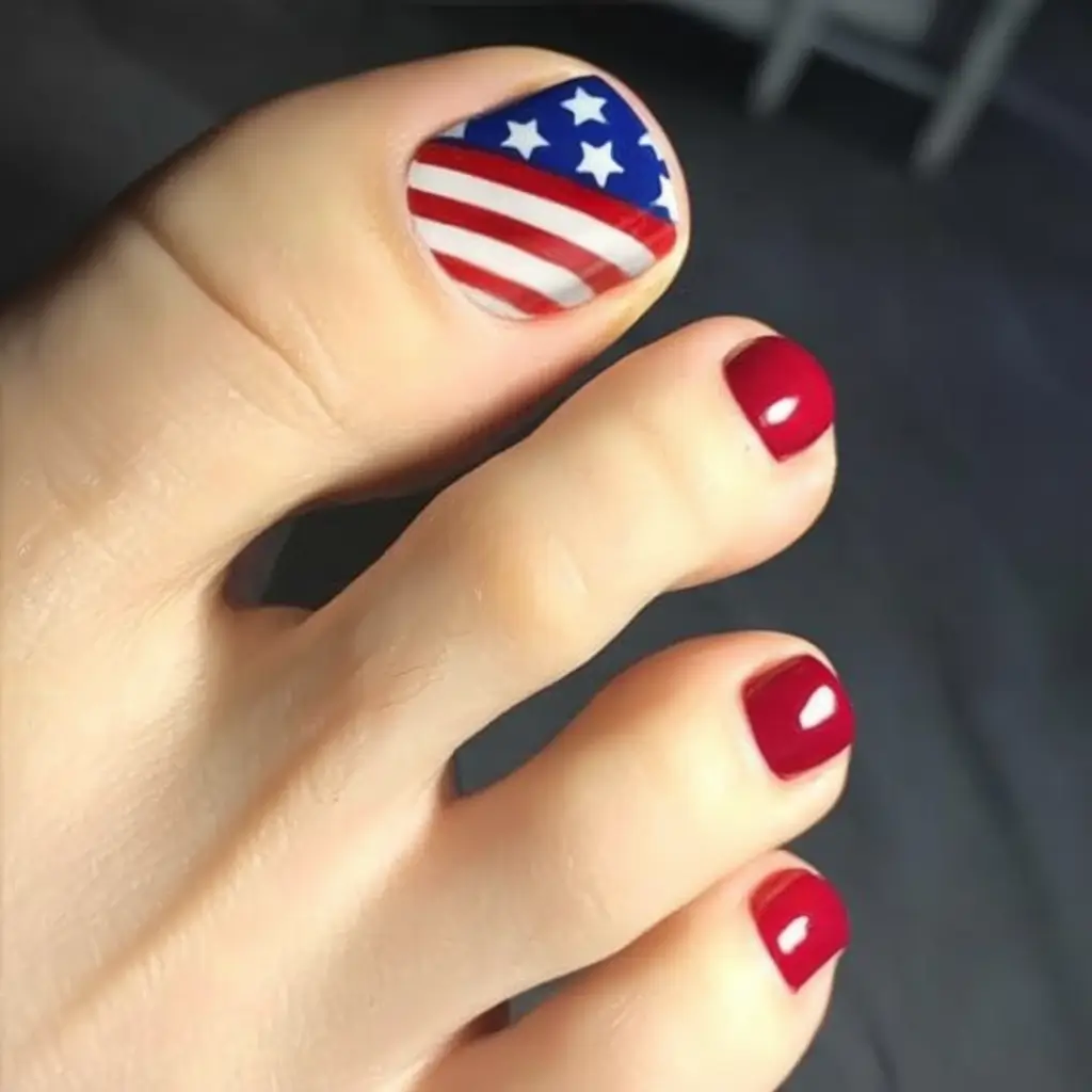 Patriotic Pedis for 4th of July 2025 Minimalist Stars and Stripes With Cherry Red Base