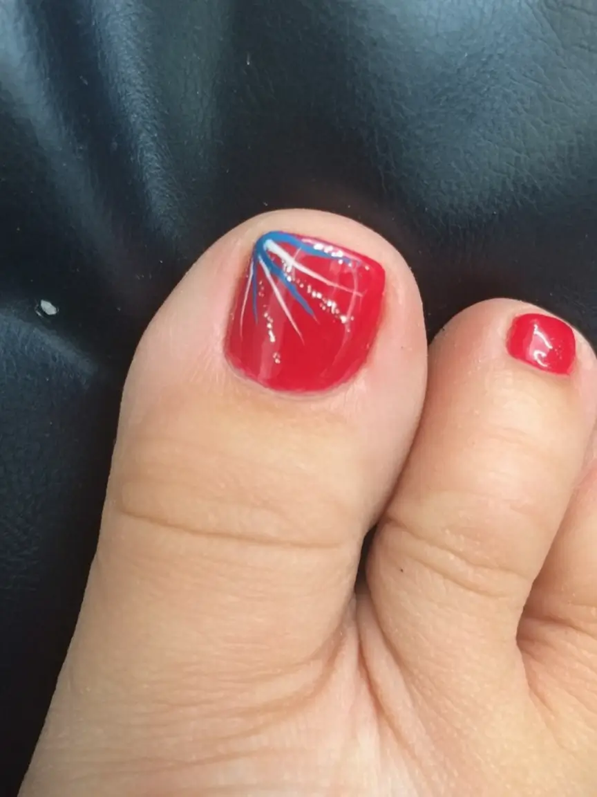 Patriotic Pedis for 4th of July 2025 Firework Accent On Red Gloss Base