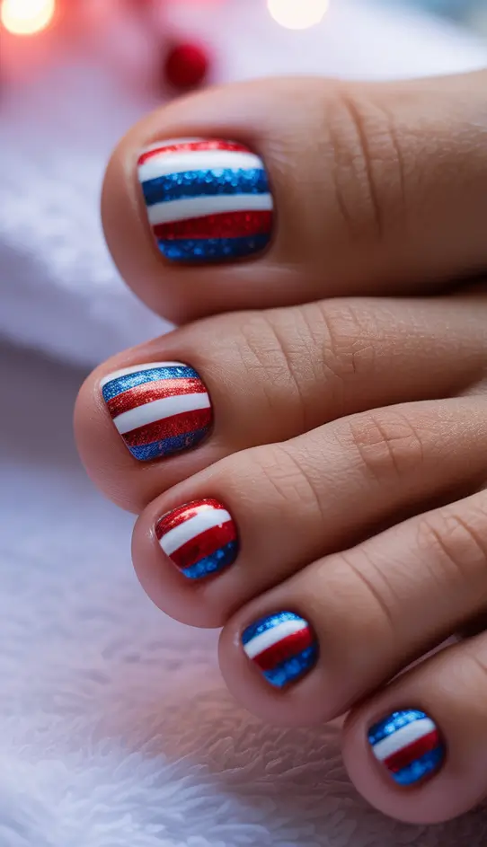 Patriotic Pedis for 4th of July 2025 Glitter Stripe Parade