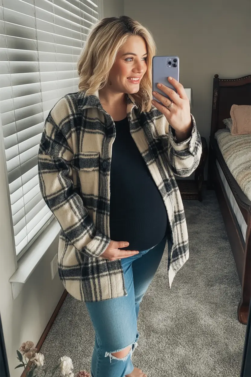 pregnancy style goals: fall outfits inspo for 2025 plaid shacket for the modern mama