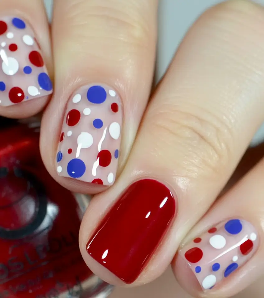 red, white & blue nails for 4th of july 2025 bold dots and glossy red