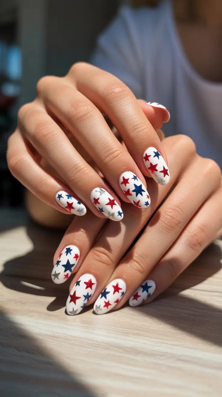 Red, White & Blue Nails for 4th of july 2025 Bold Star Parade On White