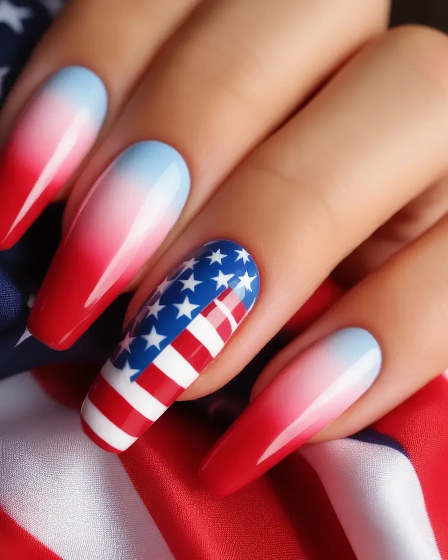 Red, White & Blue Nails for 4th of july 2025 Gradient Glory And Flag Accent