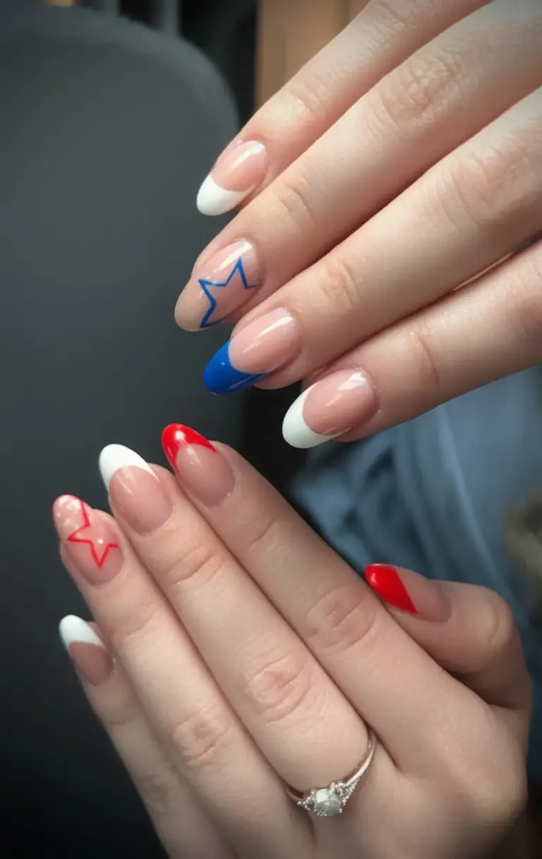 Red, White & Blue Nails for 4th of july 2025 Minimalist French With Star Tips