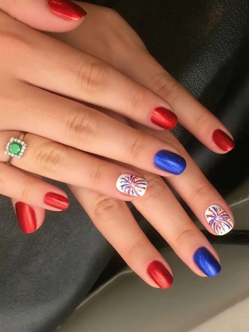 Red, White & Blue Nails for 4th of july 2025 Striped Waves And Glitter Tips