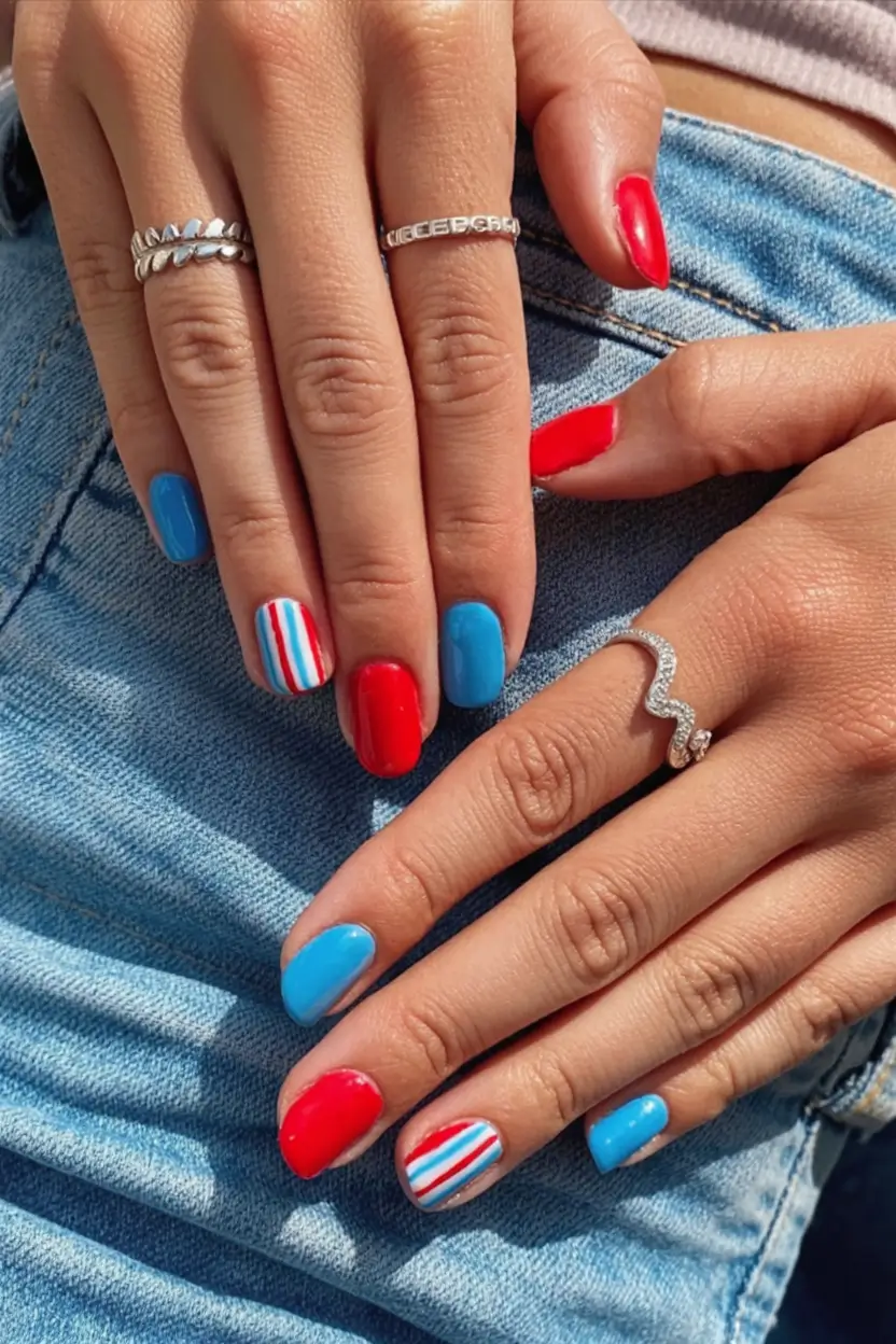 Red, White & Blue Nails for 4th of july 2025 Retro Chevron And Negative Space