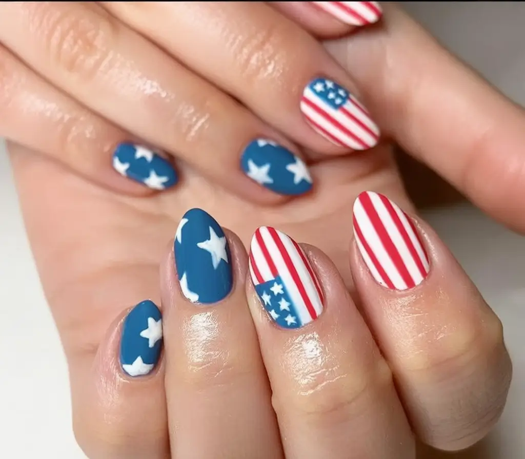 Red, White & Blue Nails for 4th of july 2025 Star-Spangled Stripes with a Classic Twist