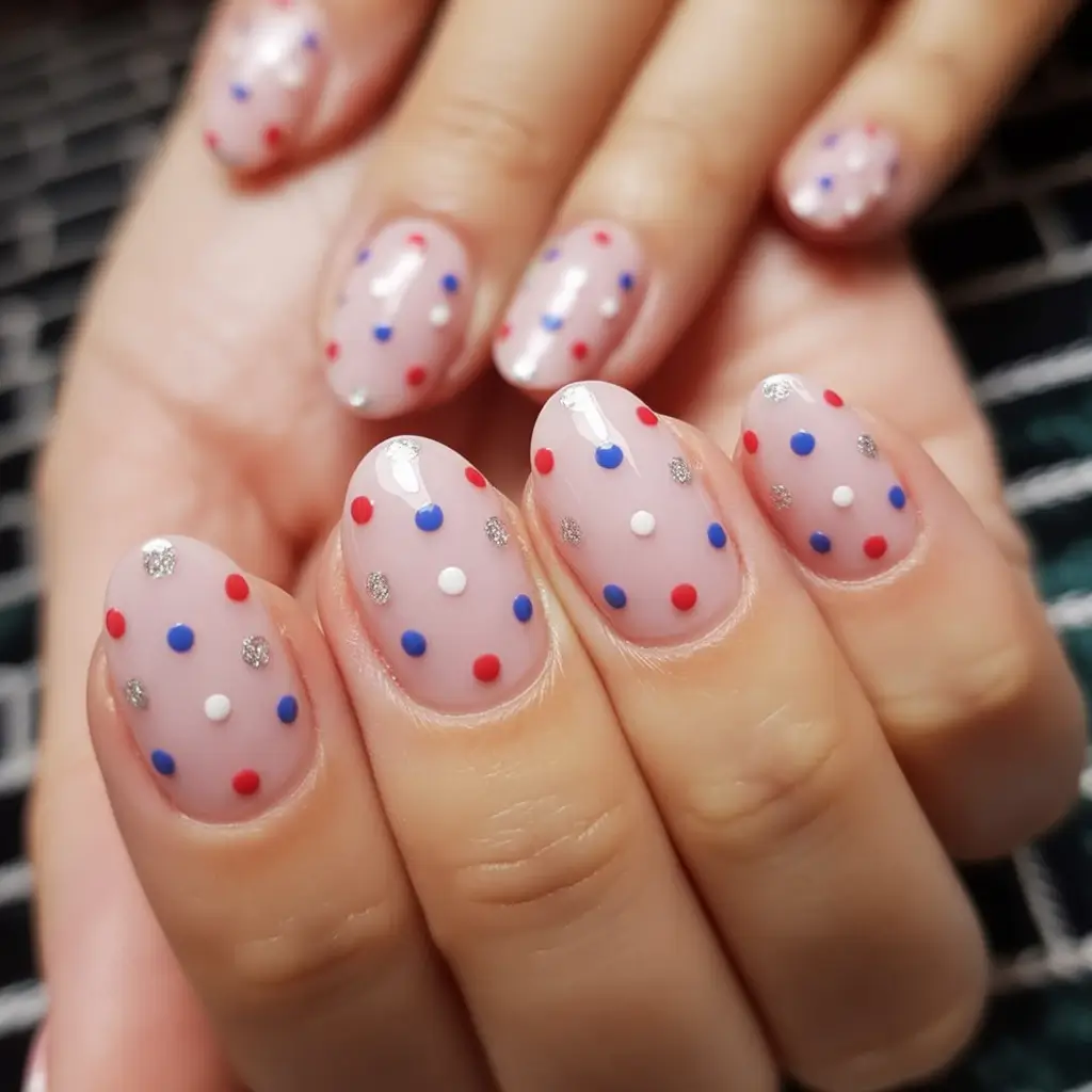 Red, White & Blue Nails for 4th of july 2025 Confetti Polka Dots on Sheer Nude