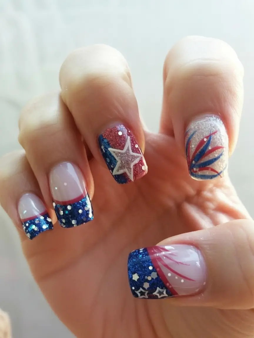 Red, White & Blue Nails for 4th of july 2025 Glitter Fireworks and Starry Tips