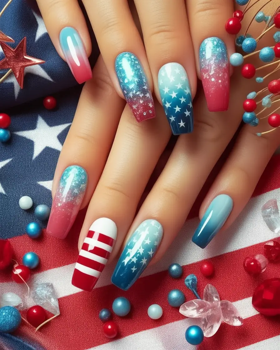 Red, White & Blue Nails for 4th of july 2025 Gradient Stars with a Pop of Patriotic Polish