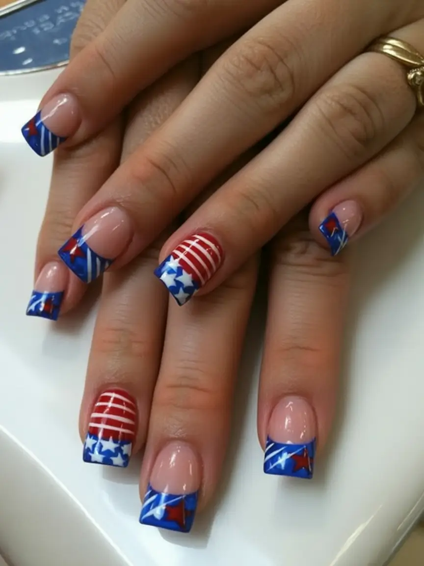 Red, White & Blue Nails for 4th of july 2025 Geometric French Tips with Stars and Stripes
