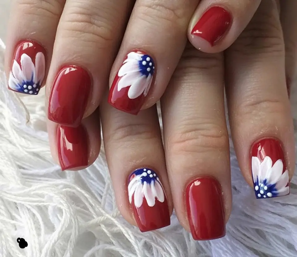 Red, White & Blue Nails for 4th of july 2025 Cherry Red Blooms with Patriotic Petals