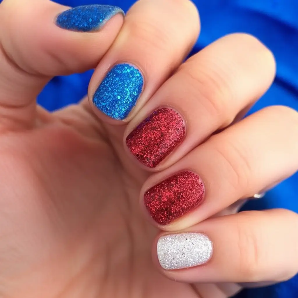 Red, White & Blue Nails for 4th of july 2025 Full Glitter Glam in Red, White & Blue