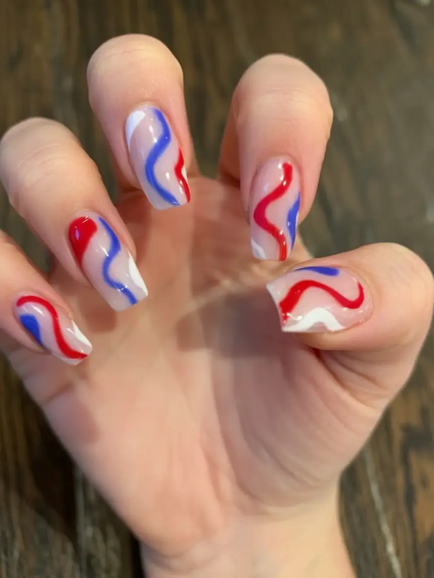 Red, White & Blue Nails for 4th of july 2025 Abstract Patriotic Swirls with a Modern Mood