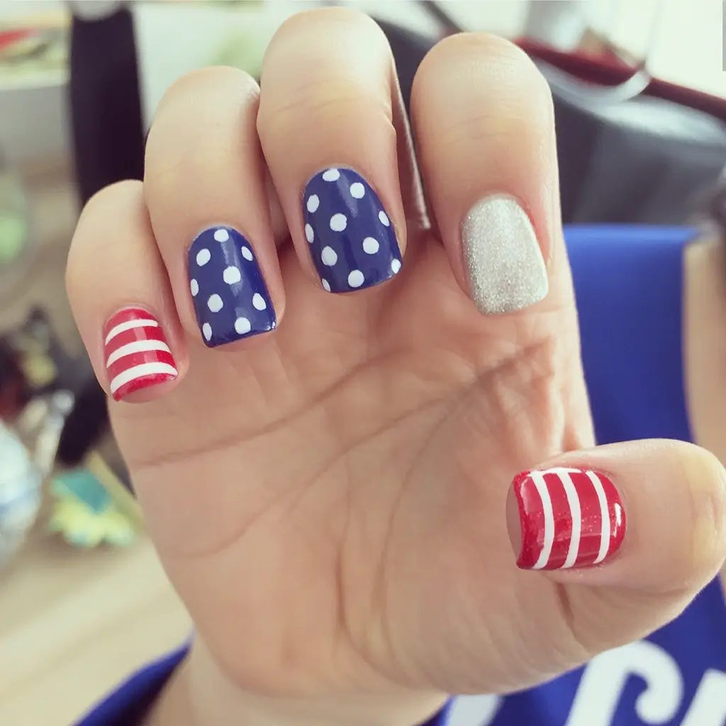 red, white & blue nails for 4th of july 2025 playful polka stripes and silver twist