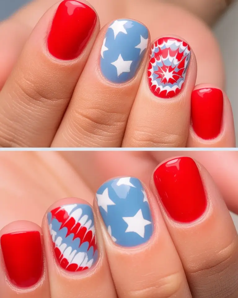 red, white & blue nails for 4th of july 2025 retro swirls and graphic stars