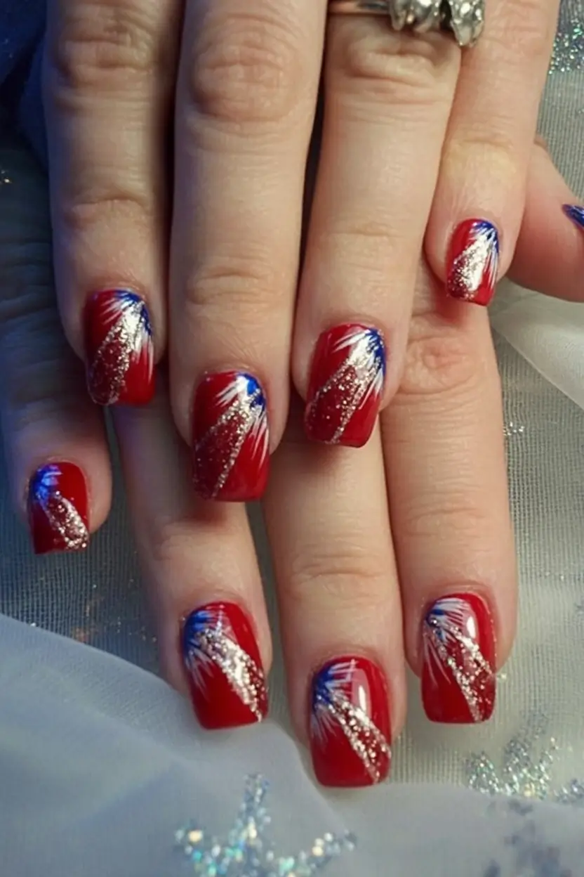 Red, White & Blue Nails for 4th of july 2025 Firework Flash With Glitter Accents