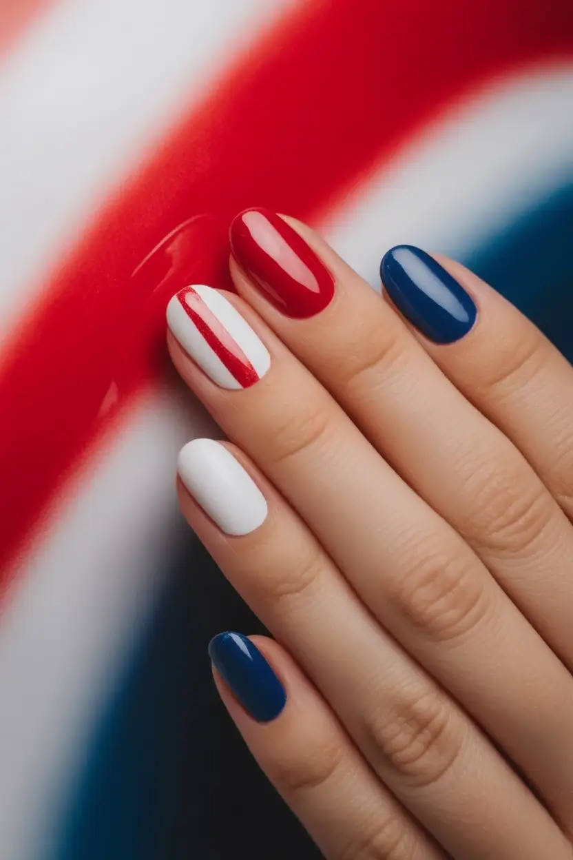 Simple & Cute 4th of July Nails 2025 Glossy Tricolor with a Modern Edge