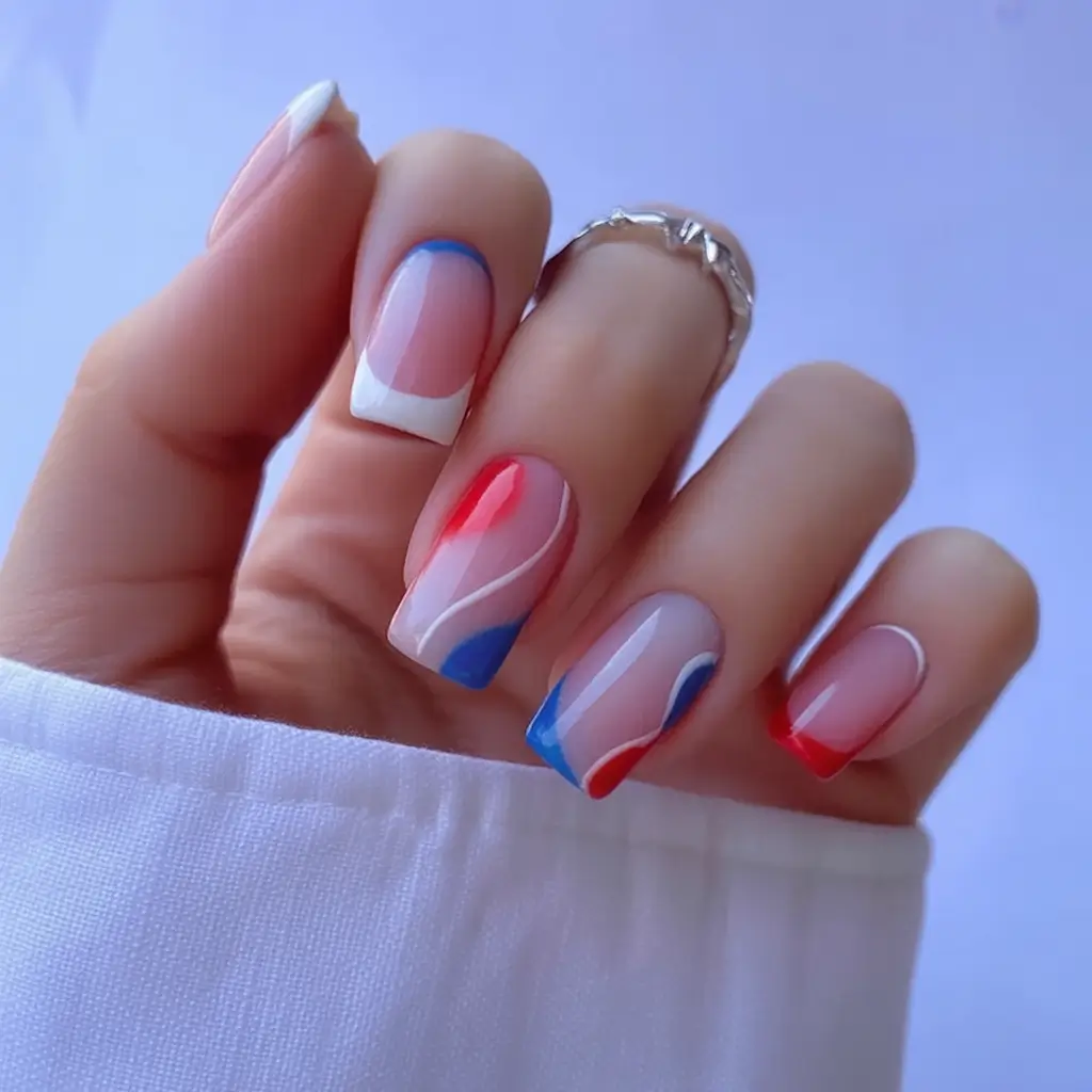 Simple & Cute 4th of July Nails 2025 Modern Wave French in Red, White & Blue