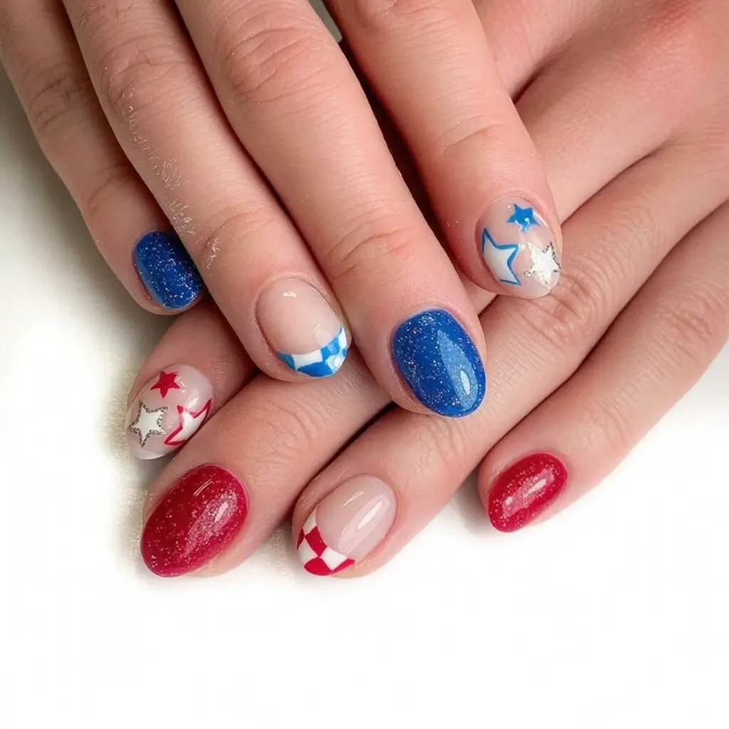 Simple & Cute 4th of July Nails 2025 Stars and Sparkle with a Checker Twist