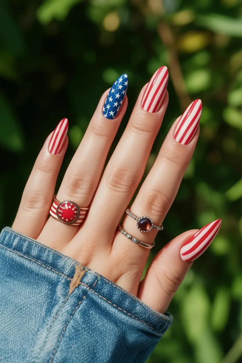 Simple & Cute 4th of July Nails 2025 Flag-Inspired Almond Perfection