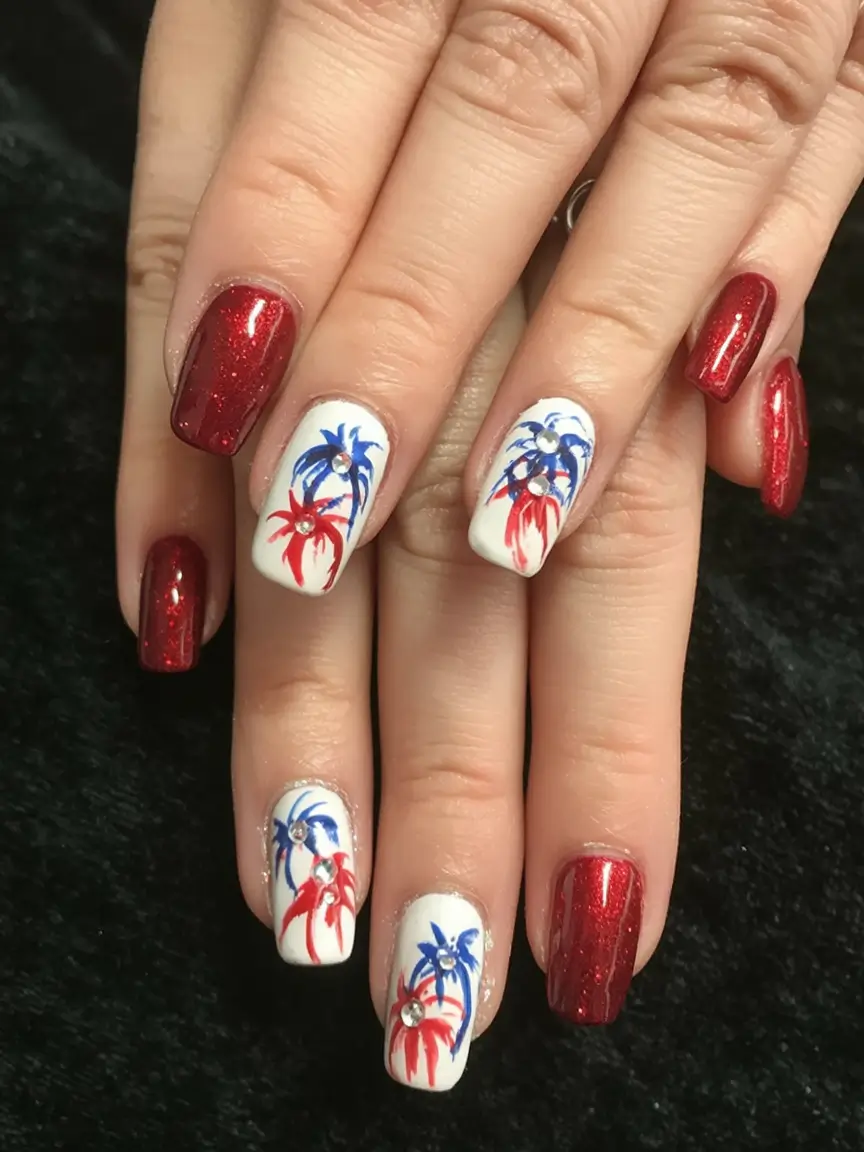 Simple & Cute 4th of July Nails 2025 Firework Palms and Crimson Drama