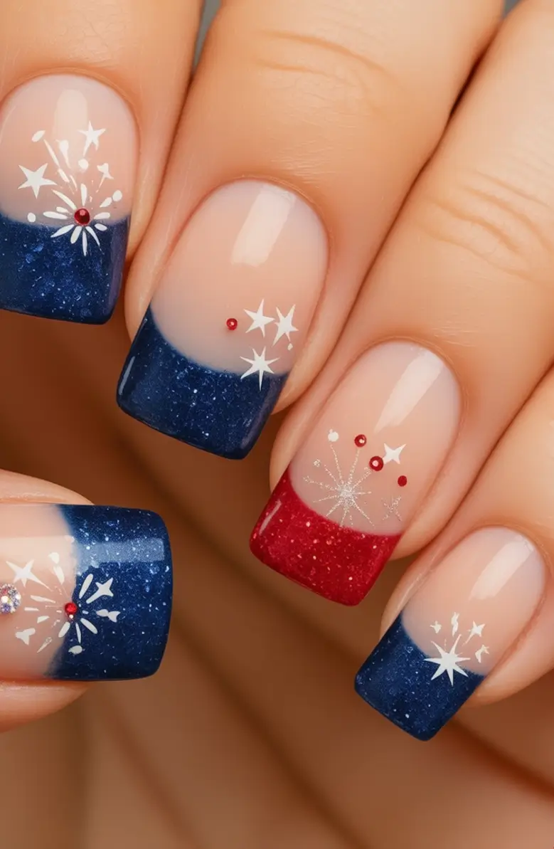 Simple & Cute 4th of July Nails 2025 Firework Sparkle French
