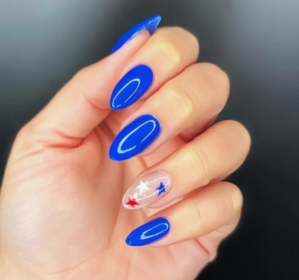 Simple & Cute 4th of July Nails 2025 Glossy Cobalt with Floating Stars