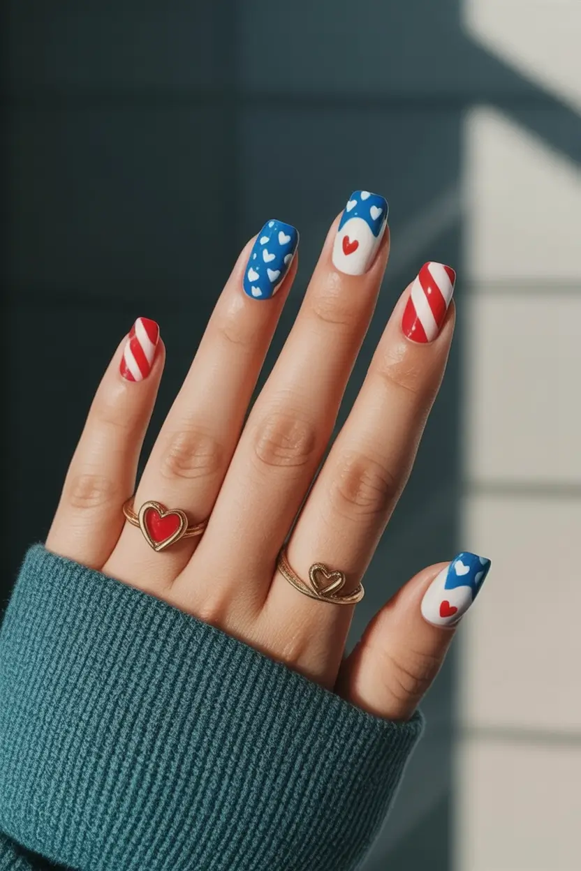 Simple & Cute 4th of July Nails 2025 Hearts Stripes and Confetti Feels